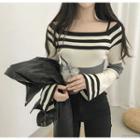 Striped Boatneck Bell-sleeve Sweater Stripes - Black - One Size