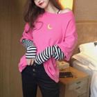 Mock Two-piece Long-sleeve Striped Panel T-shirt Pink - One Size