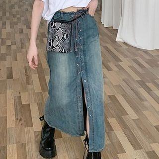 Denim Lace-up Midi A-line Skirt Blue - One Size