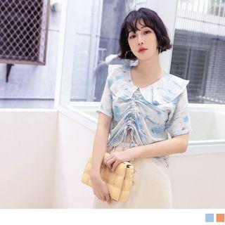Short Sleeve Tie-dye Drawstring Ruched Crop Blouse