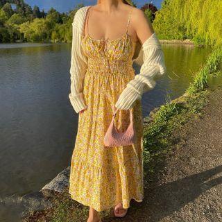 Spaghetti Strap Floral Print Ruched Long Dress