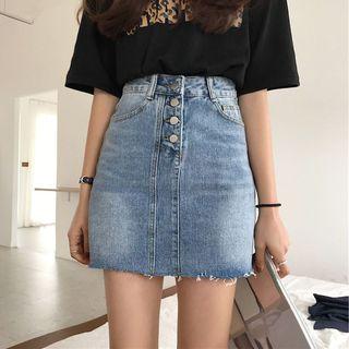 Fringed Slim-fit Denim Skirt