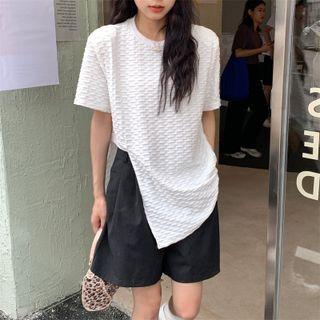 Elbow-sleeve Slit Textured T-shirt