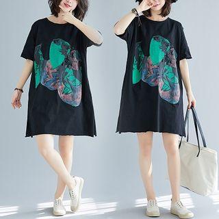 Elbow-sleeve Printed Mini T-shirt Dress Black - One Size