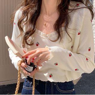 Set: Rose Embroidered Cropped Cardigan + Knit Camisole Top