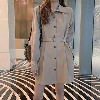 Plain Single-breasted Long Trench Coat Khaki - One Size