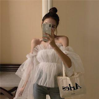 Off-shoulder Ruffled Wide-sleeve Mesh Top As Shown In Figure - One Size