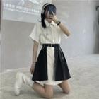 Short-sleeve Long Shirt / Buckled Mini A-line Skirt With Chain