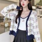 Color Block Cherry Embroidered Camisole Top / Long-sleeve V-neck Cherry Embroidered Cardigan