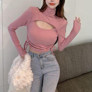 Turtleneck Cutout Drawstring T-shirt