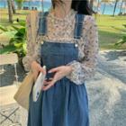 Long-sleeve See-through Floral Print Blouse / Denim Overall Dress