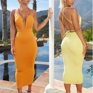 V-neck Spaghetti-strap Midi Sheath Dress