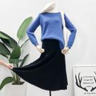 Dip-back Knit Top / High-waist Midi Skirt