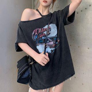 Asymmetrical Cold-shoulder Car Print T-shirt