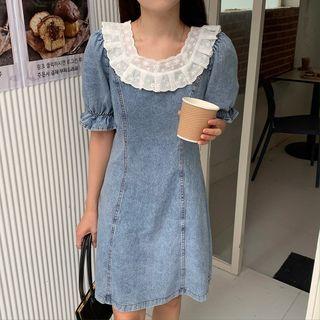 Short-sleeve Lace Trim Denim A-line Dress Denim Blue - One Size