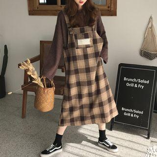 Collared Long-sleeve Knit Top / Plaid Midi Pinafore Dress