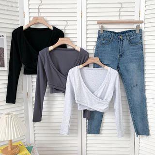 Details Deep V-neck Wrapped Crop T-shirt In 6 Colors