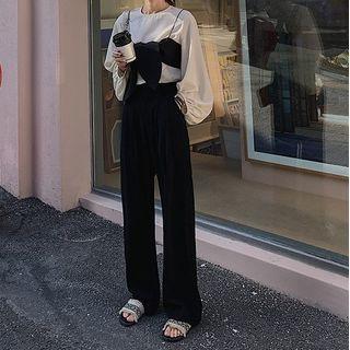 Set: Plain Blouse + Cropped Bow Camisole Top + Wide Leg Pants