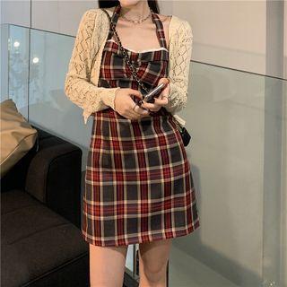 Spaghetti-strap Plaid Mini A-line Dress / Pointelle Cardigan