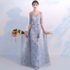 Sheer Elbow-sleeve A-line Evening Gown