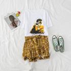 Short Sleeve Print T-shirt / Tie-front Plaid Ruffle Skirt