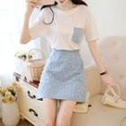 Set: Short-sleeve Pocket T-shirt + Faux Pearl A-line Mini Skirt