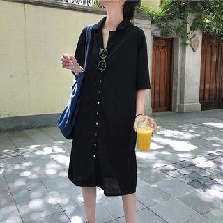 Elbow-sleeve Contrast Button Shirt Dress