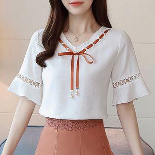 Bow Short-sleeve V-neck Chiffon Top