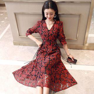 V-neck Lace Long-sleeve A-line Dress
