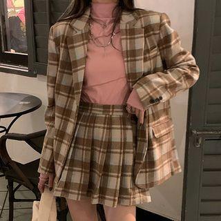 Plaid Blazer / Mini A-line Pleated Skirt