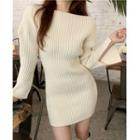 Long-sleeve Plain Slim-fit Knit Dress Almond - One Size