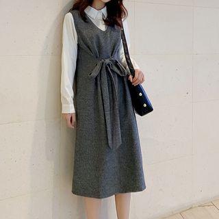 Set: Plain Shirt + Tie Waist Sleeveless A-line Dress