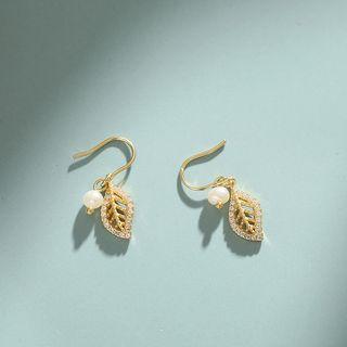 925 Sterling Silver Leaf Faux Pearl Dangle Earring 1 Pair - 925 Sterling Silver - Leaf Faux Pearl Dangle Earring - One Size