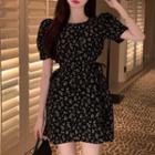 Puff-sleeve Floral Mini Sheath Dress Floral - Black - One Size