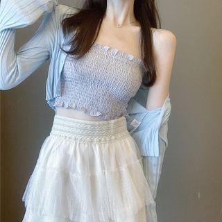 Spaghetti Strap Smocked Top / Cardigan / Mini A-line Mesh Skirt