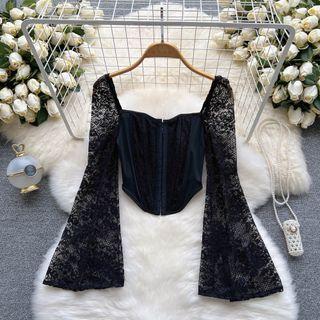 Long-sleeve Square-neck Lace Cropped Top