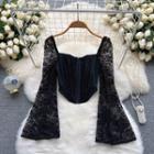 Long-sleeve Square-neck Lace Cropped Top