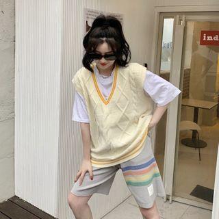 Elbow-sleeve T-shirt / Cable Knit Sweater Vest / Striped Wide Leg Shorts