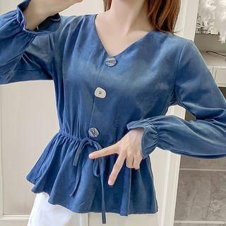 Buttoned V-neck Peplum Blouse