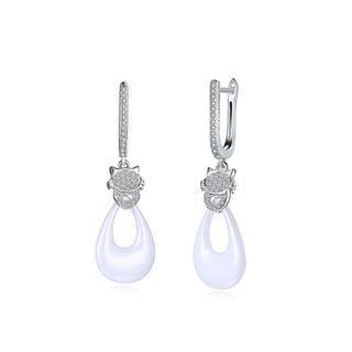 925 Sterling Silver Elegant Cat Water Drop Earrings With White Ceramic And Austrian Element Crystal Silver - One Size