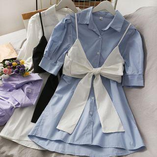 Set: Loose-fit Long Shirt + Ribbon Vest
