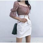 Floral Slim-fit Chiffon Blouse / Plain High-waist Skirt