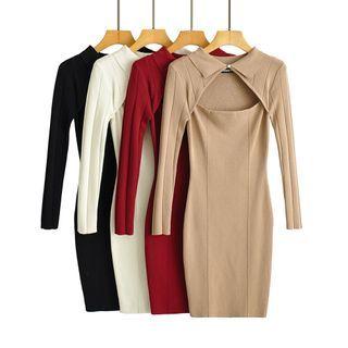 Collared Cutout Knit Midi Bodycon Dress