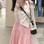 Long-sleeve Halter Top / Gingham Midi A-line Skirt