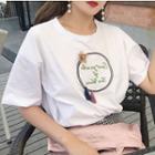 Letter Embroidered Tasseled Short Sleeve T-shirt