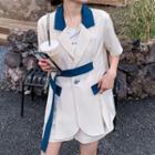 Set: Short-sleeve Two Tone Blazer + Dress Shorts