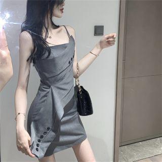 Sleeveless Asymmetric Button Accent Slim Fit Dress