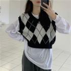 Argyle Cropped Sweater Vest Black & White - One Size