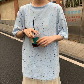 Star Print Mesh Panel Short-sleeve T-shirt