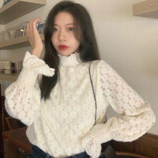 Lace Trim Knit Top Almond - One Size